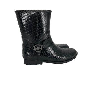 Michael Kors Black Fulton Croc Embossed Rubber Rain Boots Size 10 harness